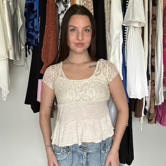 Self Esteem Tops - Self Esteem Cream Lace Babydoll Top Size M Y2K Peplum